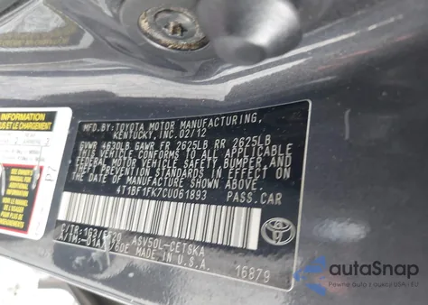 2012 Toyota Camry Se из США, поврежденный, VIN 4T1BF1FK7CU061893